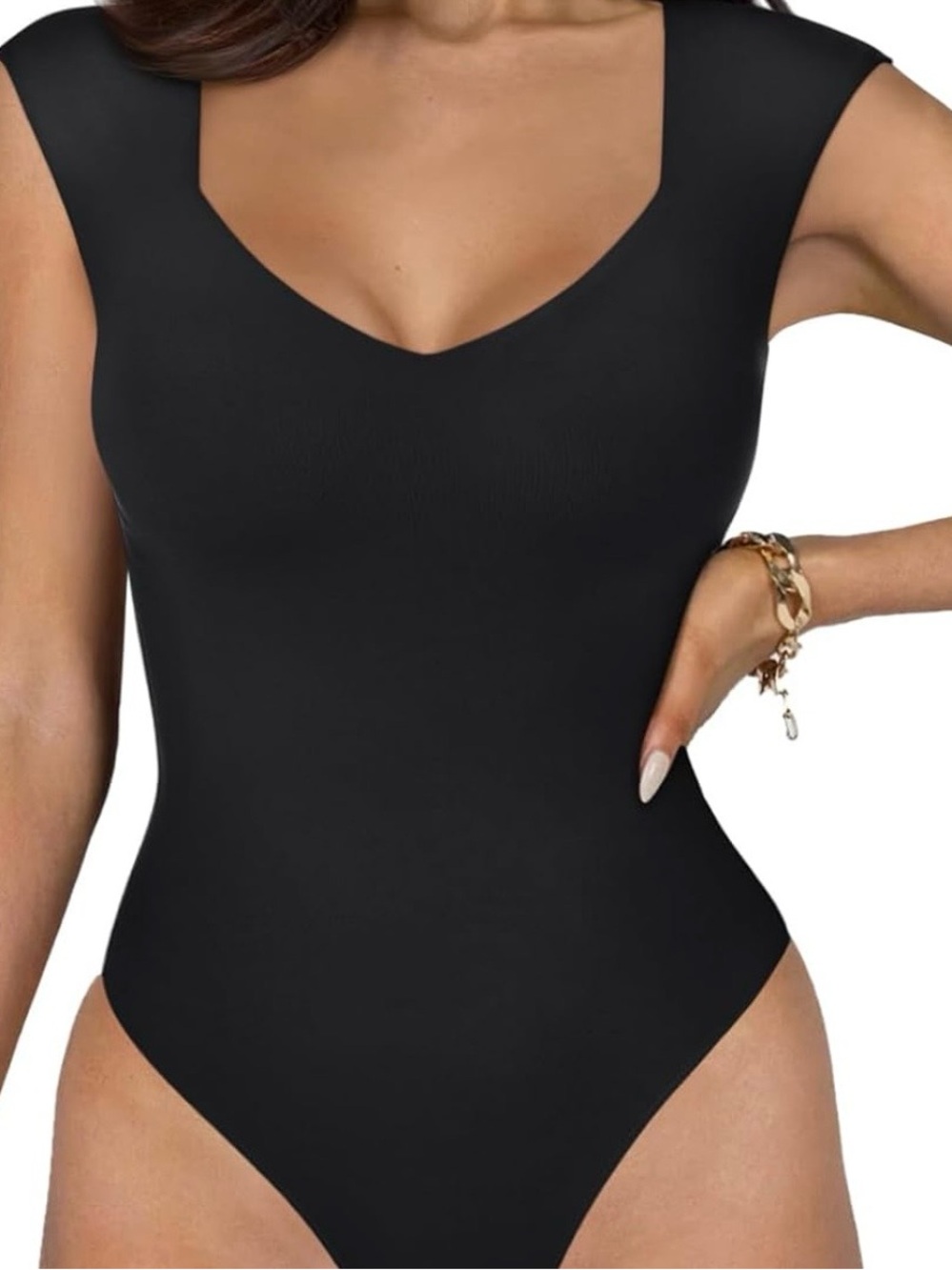 ReoRia Black V-Neck Cap Sleeve Bodysuit Size Small